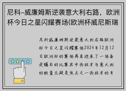 尼科-威廉姆斯逆袭意大利右路，欧洲杯今日之星闪耀赛场(欧洲杯威尼斯瑞士)