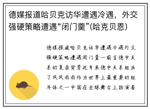 德媒报道哈贝克访华遭遇冷遇，外交强硬策略遭遇“闭门羹”(哈克贝恩)